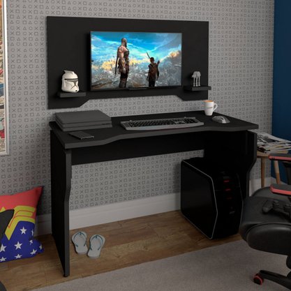 Escrivaninha Gamer com Painel 2 Prateleiras Mobile Preta