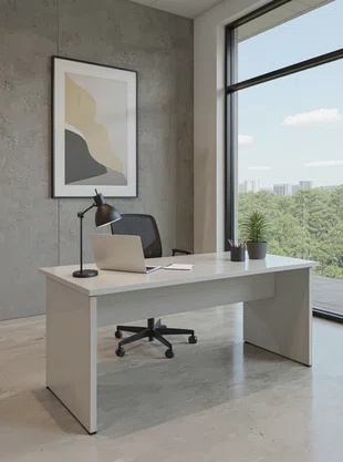 Mesa de Escritório Cinza – Retangular com Painel Frontal