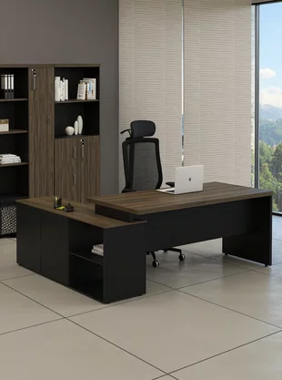 Mesa Diretor Ameixa e Preto – Modelo em L com Armário
