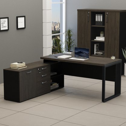 Mesa Diretor Dinâmica Pé Quadro com Armário Pedestal Ameixa e Preto