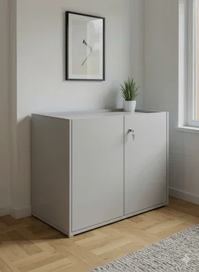 Armário Baixo Cinza – Com Porta e Prateleira Interna com Chave