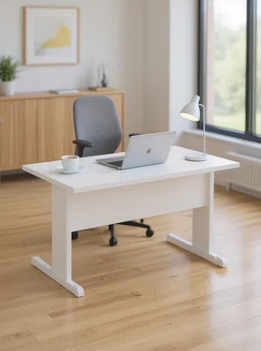 Mesa de Escritório Branca – Pé Metálico Retangular