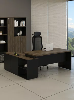 Mesa Diretor em L Ameixa e Preto – Com Armário Integrado