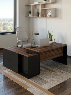 Mesa Diretor Ameixa e Preto – Com Armário Lateral